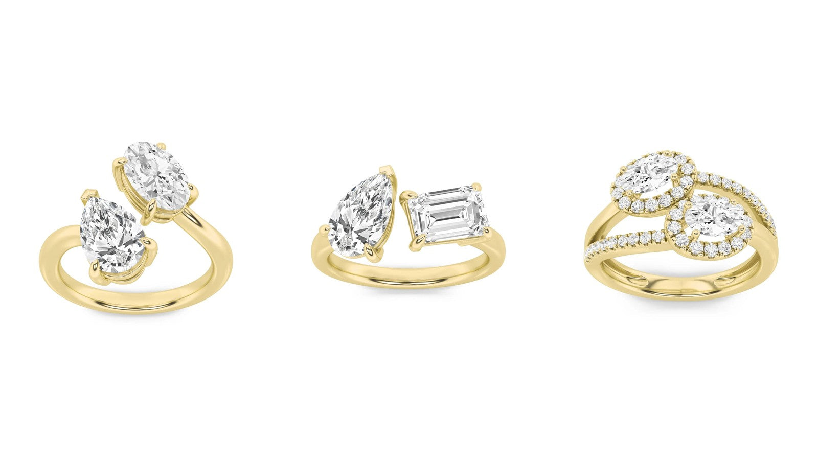 Three Nivara toi et moi rings: a pear and an oval on an open band, a pear and an emerald cut side by side, and two ovals in halos