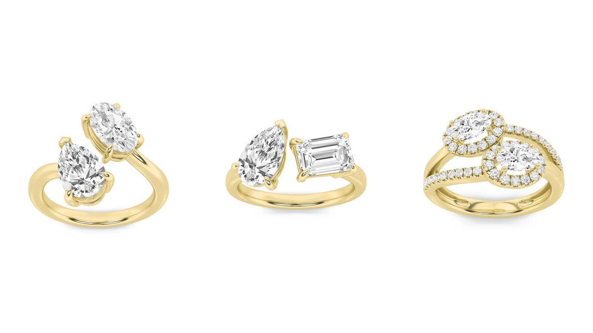Three Nivara toi et moi rings: a pear and an oval on an open band, a pear and an emerald cut side by side, and two ovals in halos
