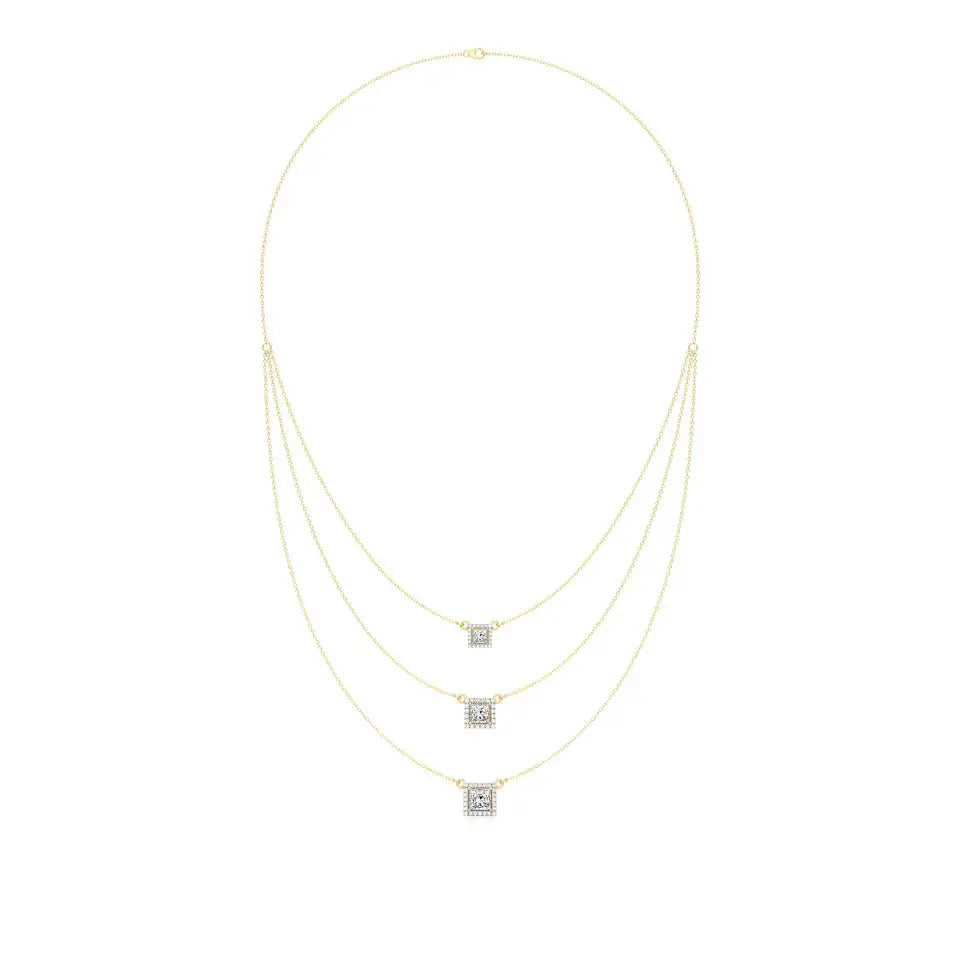 Elara | Princess & Round Lab Grown Diamonds Halo Triple Layered Necklace - Nivara