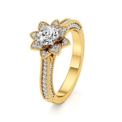 Flora | Round Solitaire with Halo Ring in Floral Design - Nivara