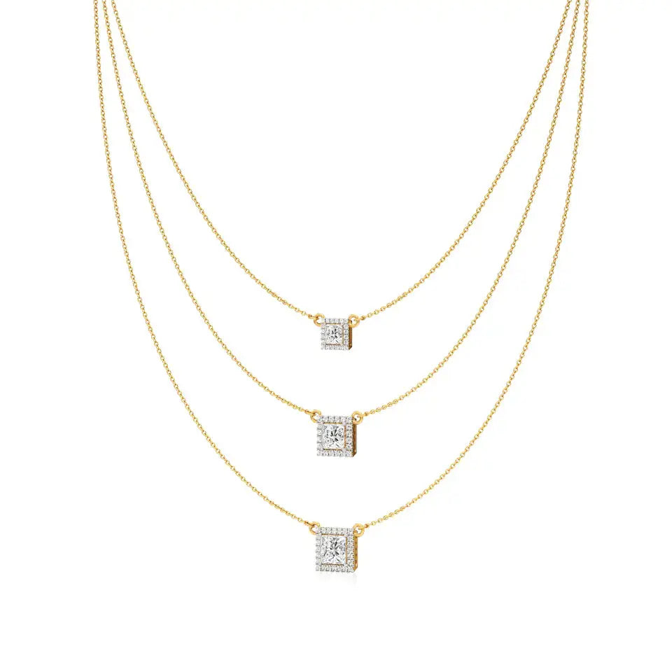 Elara | Princess & Round Lab Grown Diamonds Halo Triple Layered Necklace - Nivara