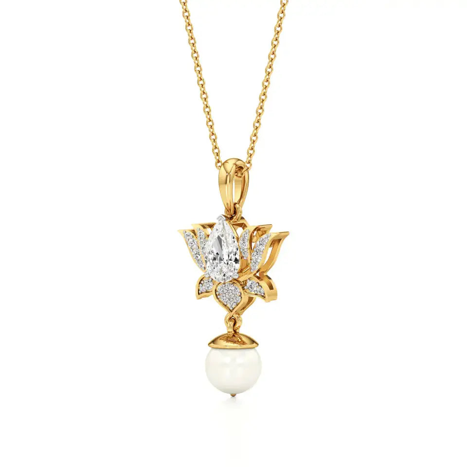 Flora | Pear & Round Lab Grown Diamonds and Pearl Lotus Pendant - Nivara