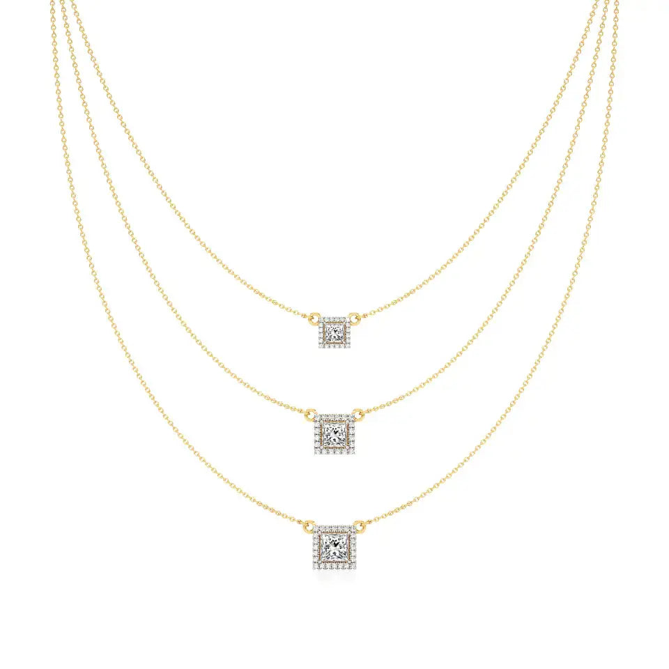 Elara | Princess & Round Lab Grown Diamonds Halo Triple Layered Necklace - Nivara