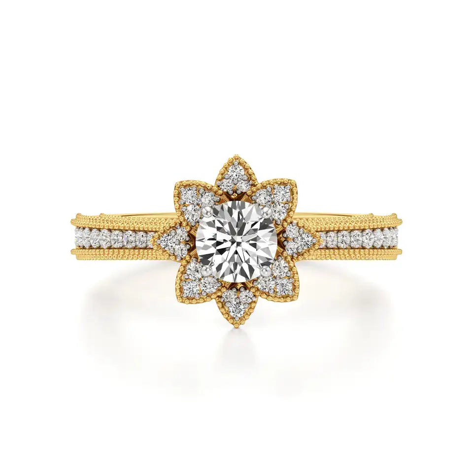 Flora | Round Solitaire with Halo Ring in Floral Design - Nivara