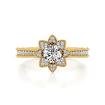 Flora | Round Solitaire with Halo Ring in Floral Design - Nivara