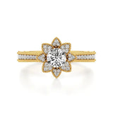 Flora | Round Solitaire with Halo Ring in Floral Design - Nivara