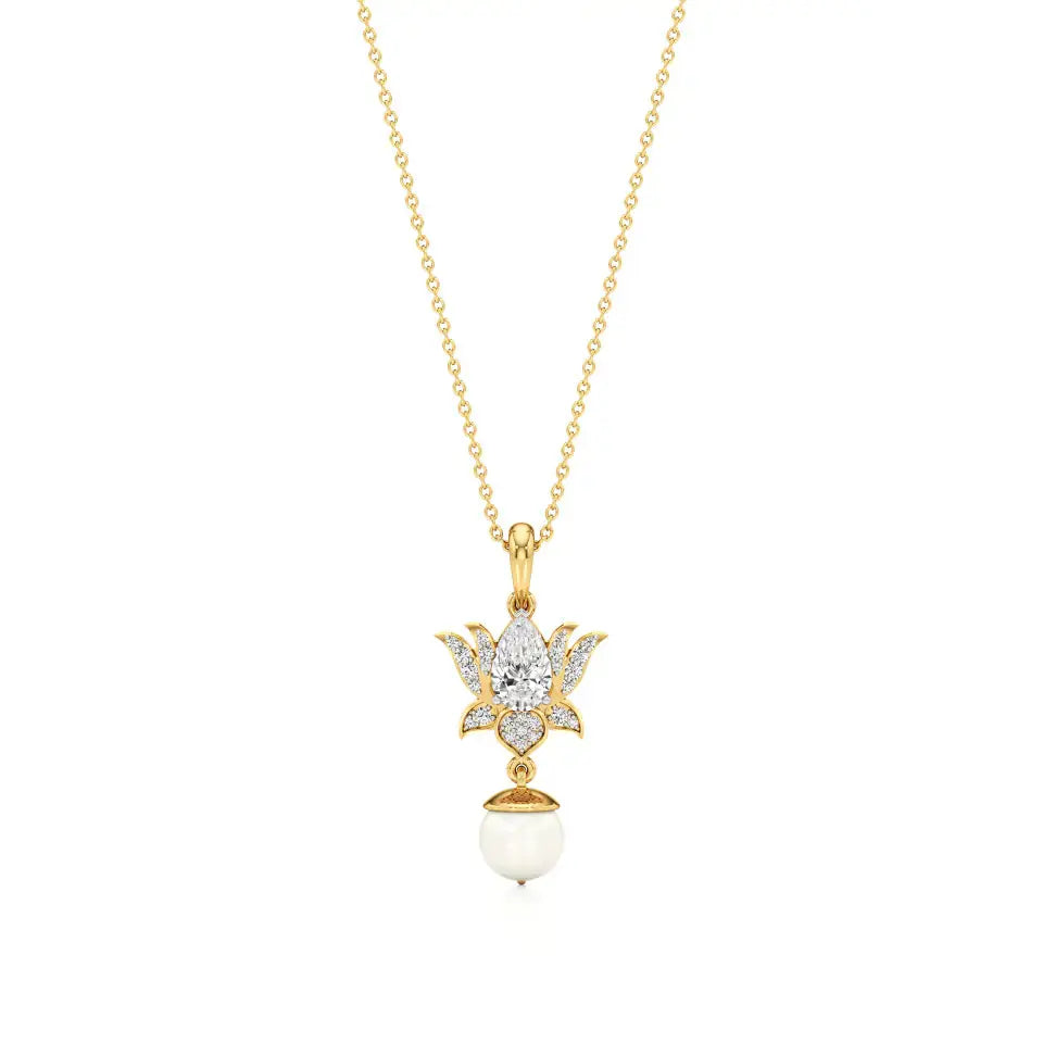 Flora | Pear & Round Lab Grown Diamonds and Pearl Lotus Pendant - Nivara