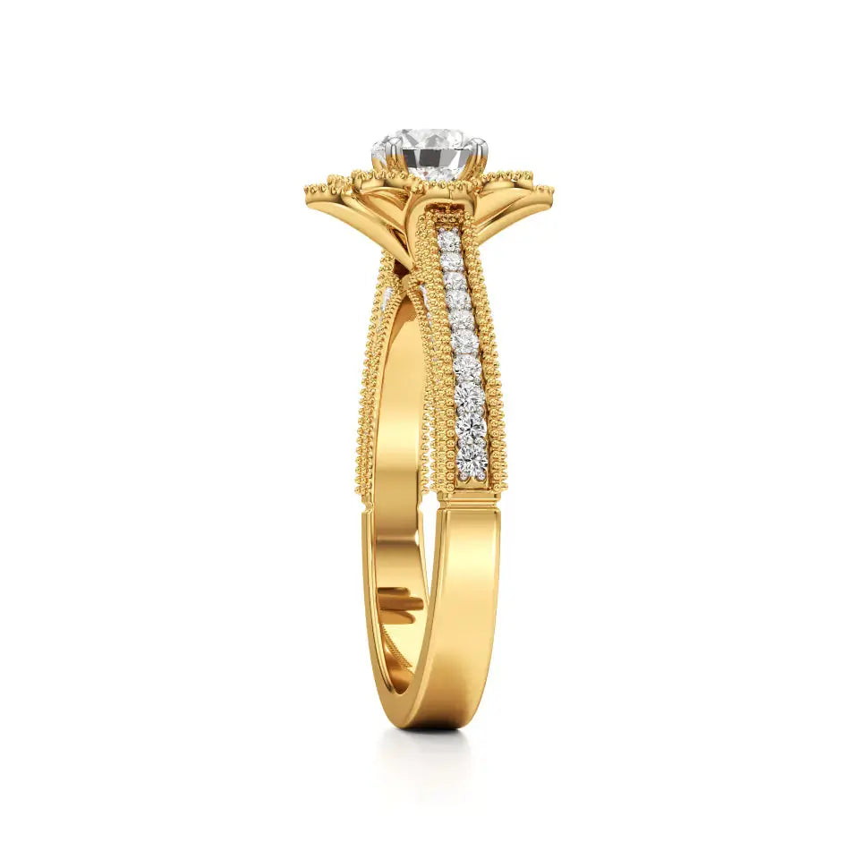 Flora | Round Solitaire with Halo Ring in Floral Design - Nivara