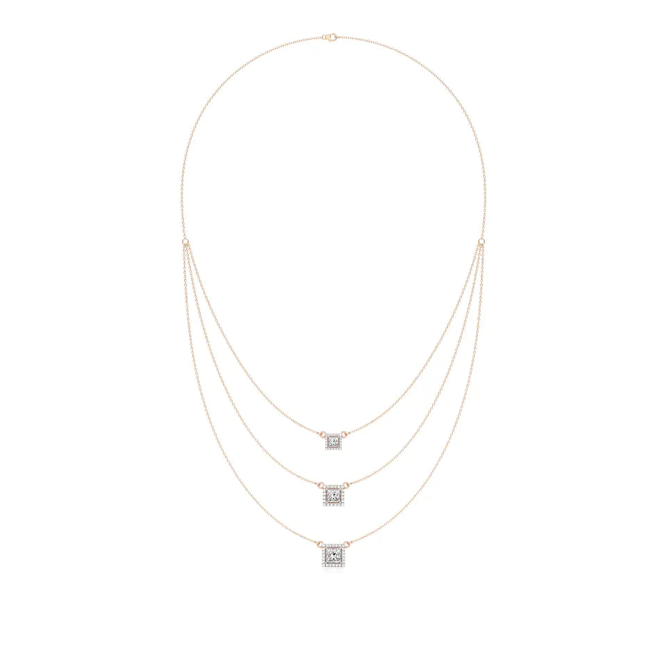 Elara | Princess & Round Lab Grown Diamonds Halo Triple Layered Necklace