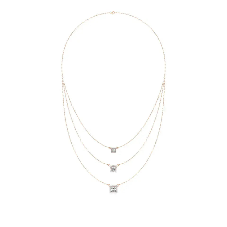 Elara | Princess & Round Lab Grown Diamonds Halo Triple Layered Necklace - Nivara