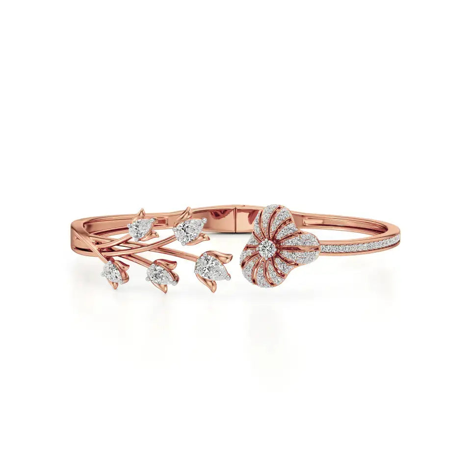 Flora | Pear & Round Lab Grown Diamonds with Lotus Motif Bangle - Nivara