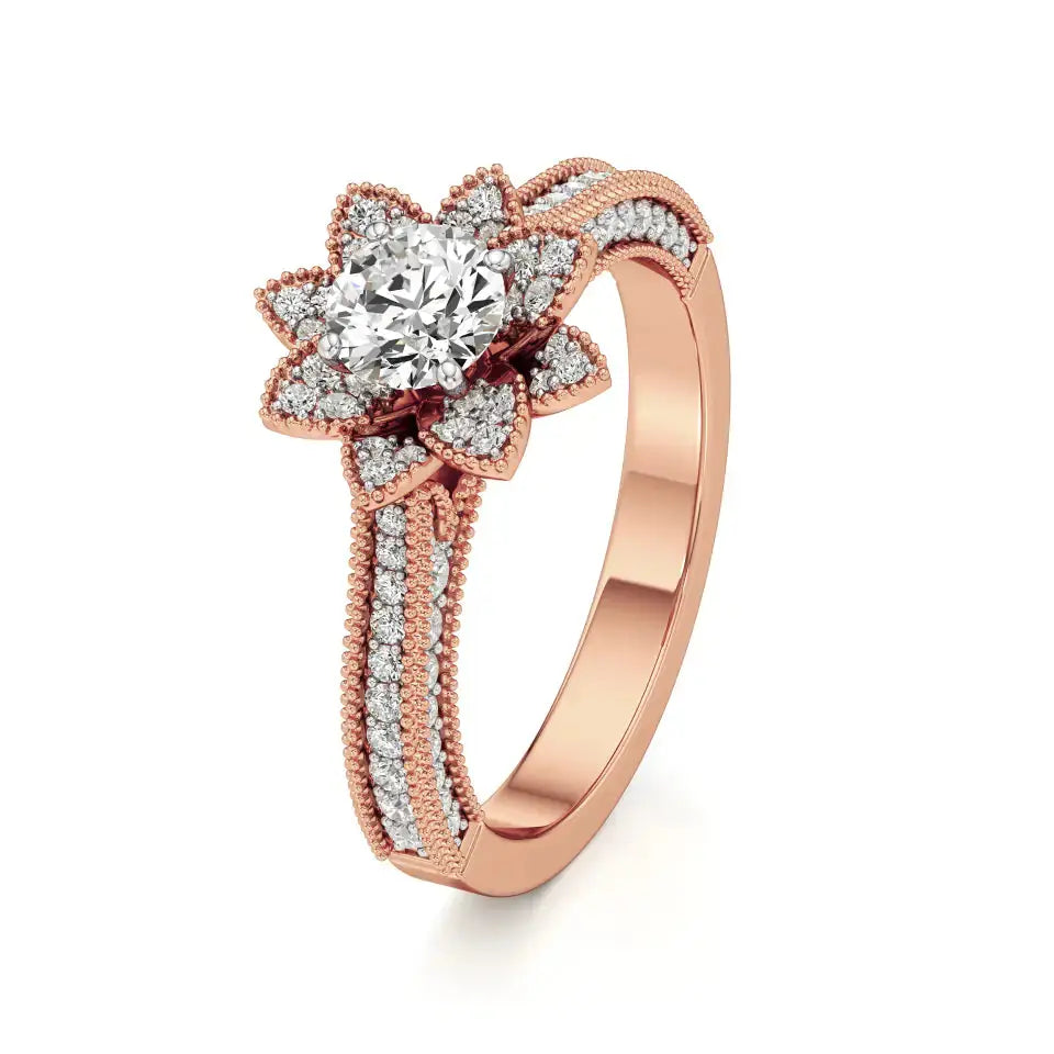 Flora | Round Solitaire with Halo Ring in Floral Design - Nivara