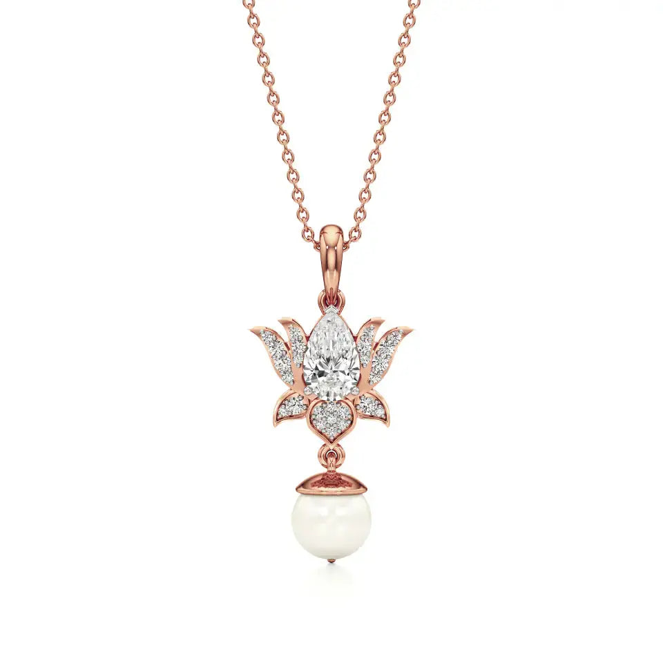 Flora | Pear & Round Lab Grown Diamonds and Pearl Lotus Pendant - Nivara