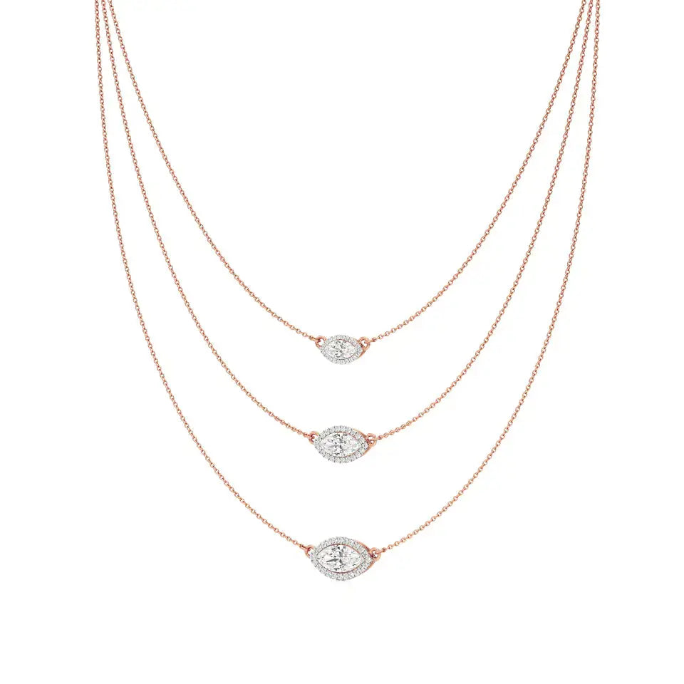 Elara | Marquise & Round Lab Grown Diamonds Halo Triple Layered Necklace - Nivara