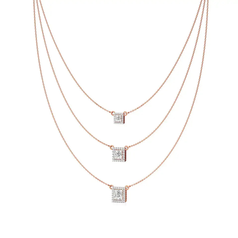 Elara | Princess & Round Lab Grown Diamonds Halo Triple Layered Necklace - Nivara