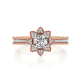 Flora | Round Solitaire with Halo Ring in Floral Design - Nivara