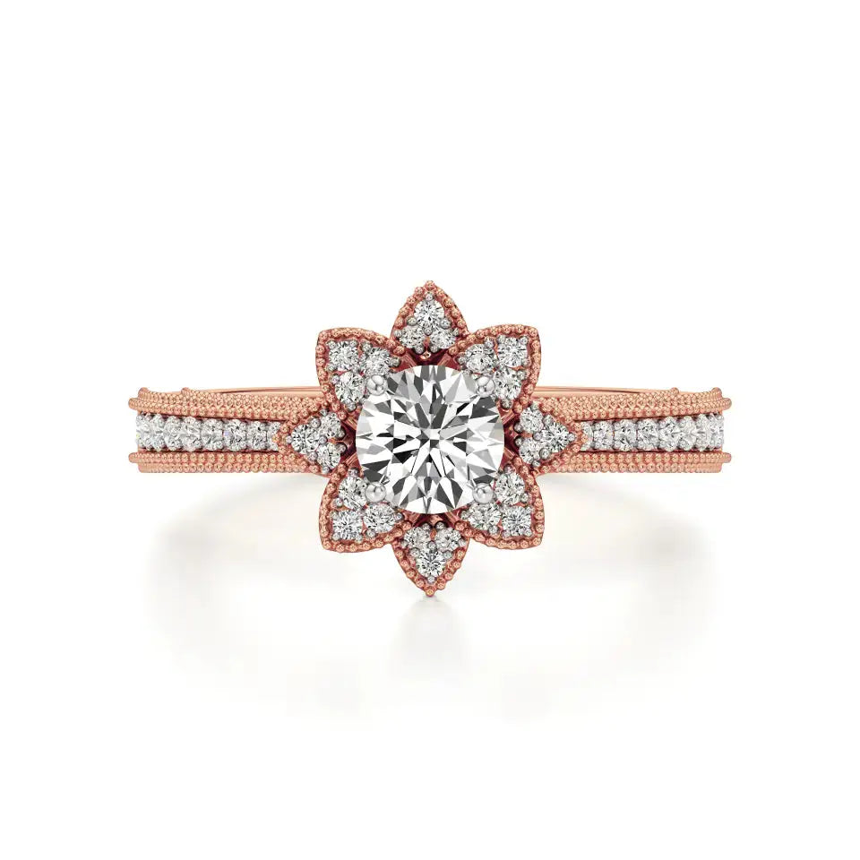 Flora | Round Solitaire with Halo Ring in Floral Design - Nivara