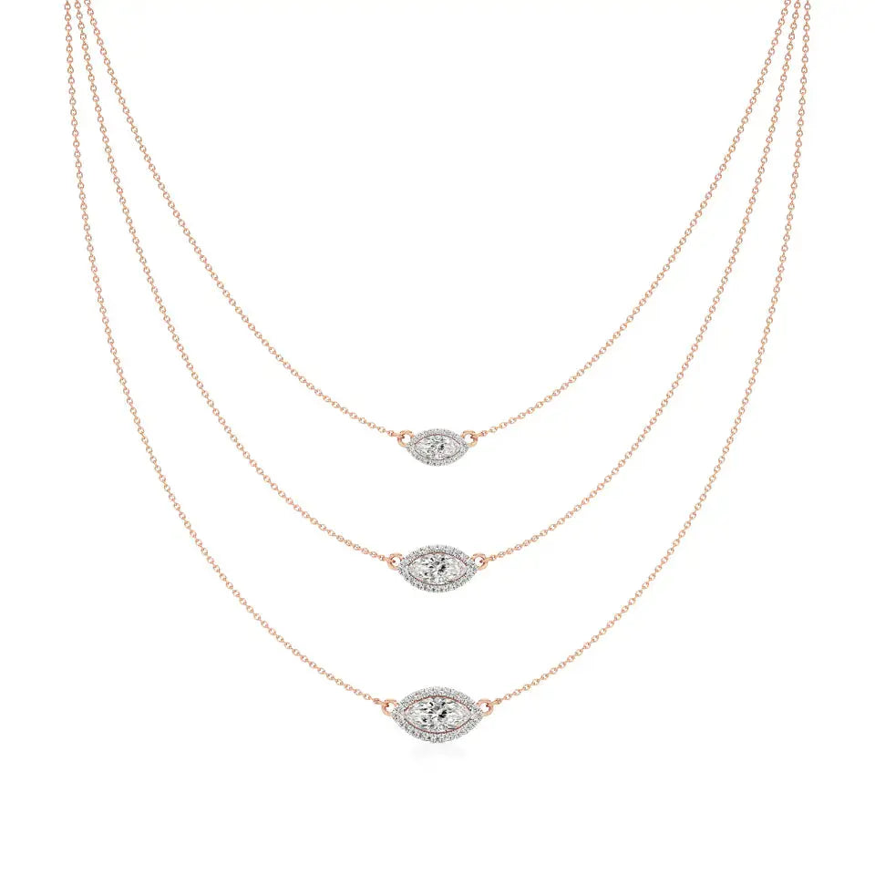 Elara | Marquise & Round Lab Grown Diamonds Halo Triple Layered Necklace - Nivara