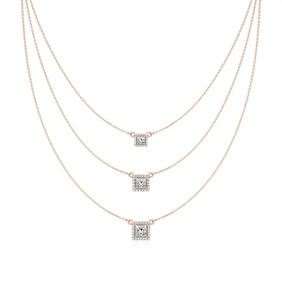 Elara | Princess & Round Lab Grown Diamonds Halo Triple Layered Necklace - Nivara