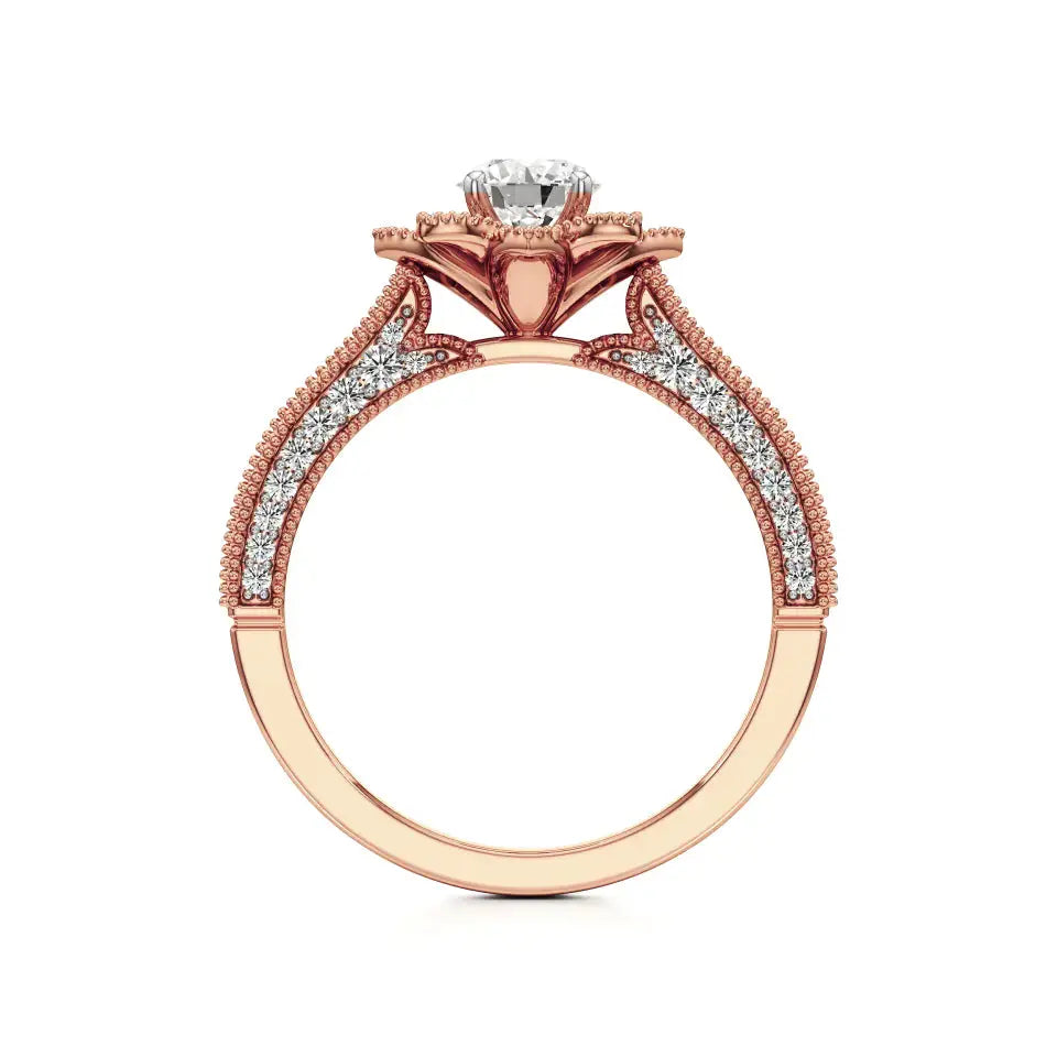 Flora | Round Solitaire with Halo Ring in Floral Design - Nivara
