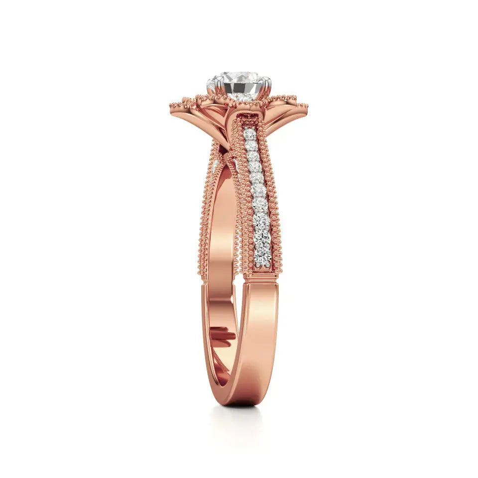 Flora | Round Solitaire with Halo Ring in Floral Design - Nivara