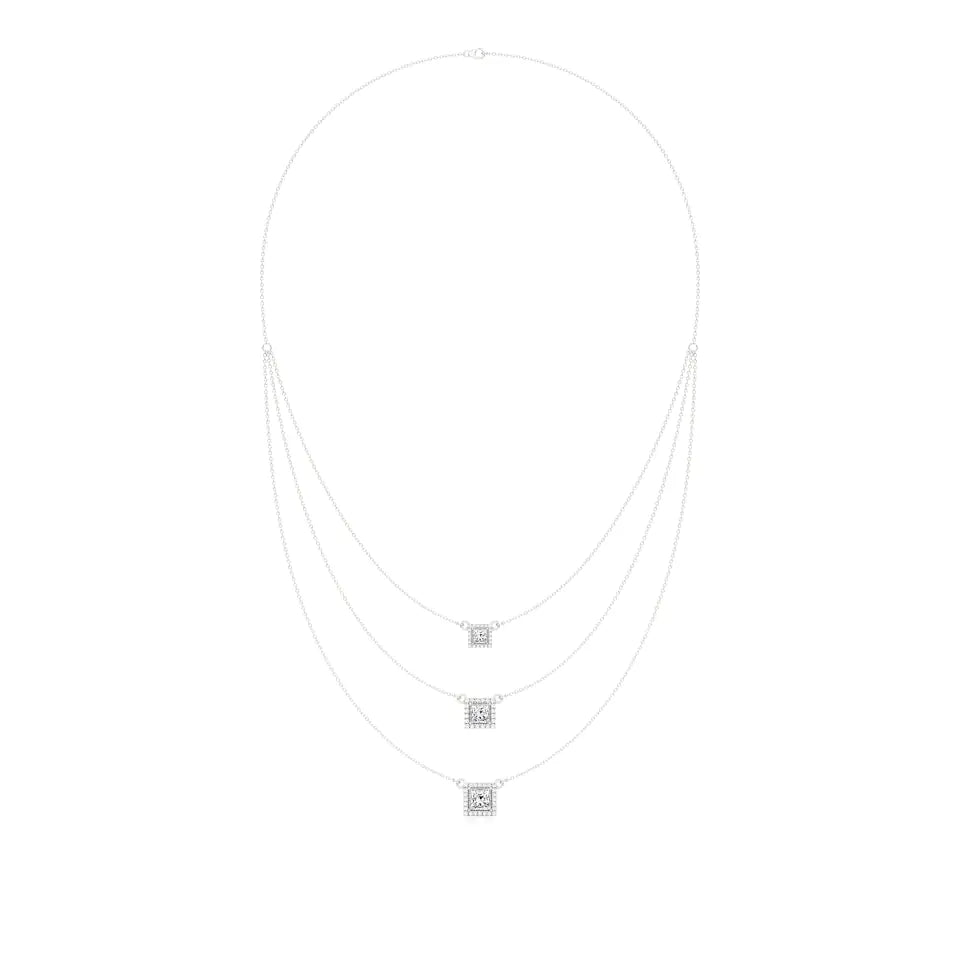 Elara | Princess & Round Lab Grown Diamonds Halo Triple Layered Necklace