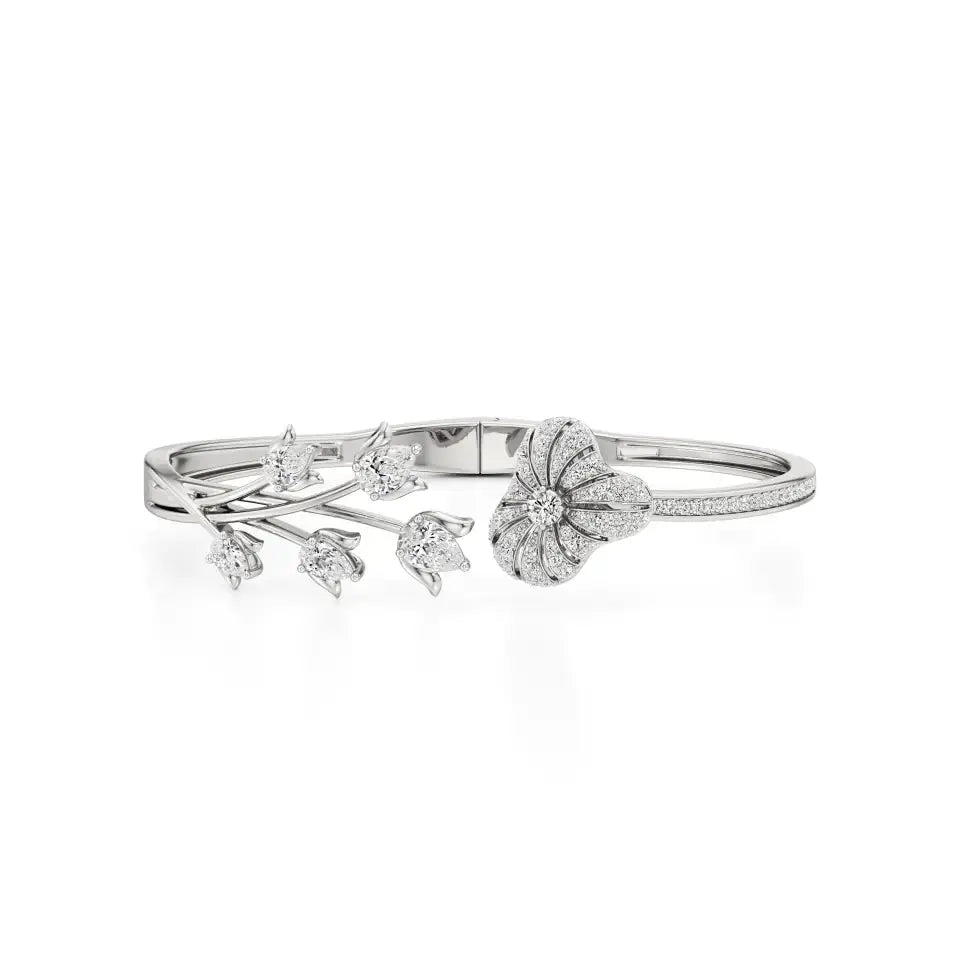 Flora | Pear & Round Lab Grown Diamonds with Lotus Motif Bangle - Nivara