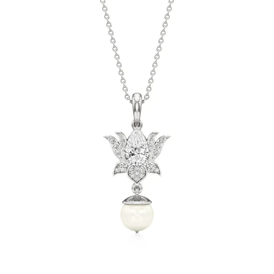 Flora | Pear & Round Lab Grown Diamonds and Pearl Lotus Pendant - Nivara