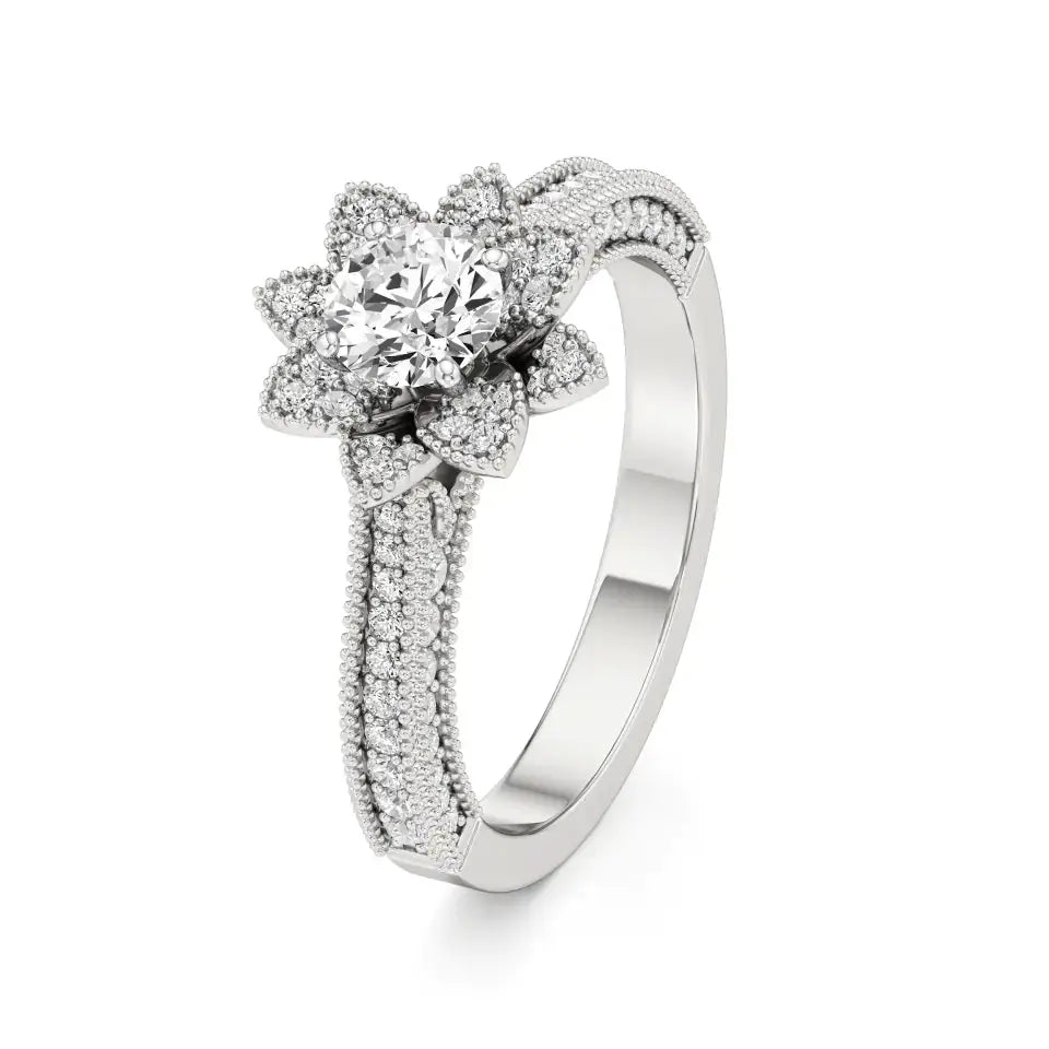 Flora | Round Solitaire with Halo Ring in Floral Design - Nivara