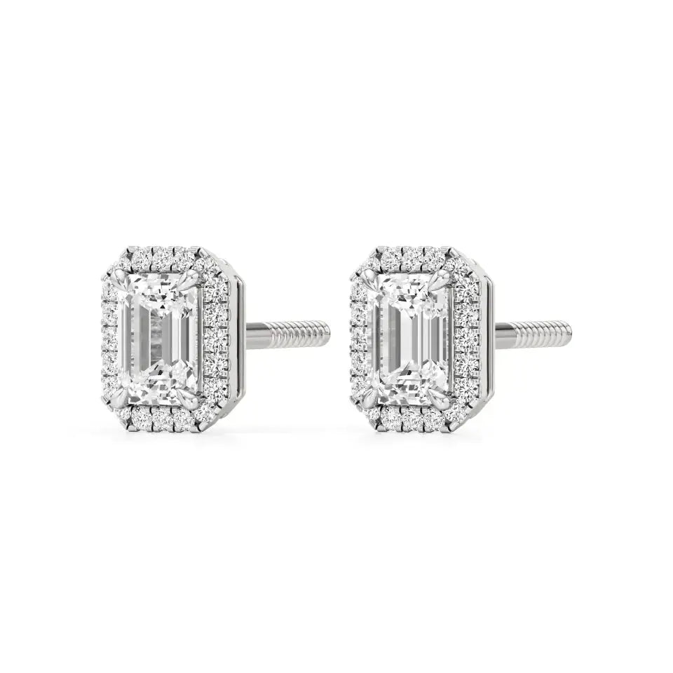 Mira | Emerald-cut Solitaire Lab-Grown Diamond with Halo Studs - Nivara