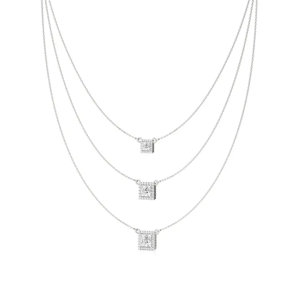 Elara | Princess & Round Lab Grown Diamonds Halo Triple Layered Necklace - Nivara