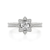 Flora | Round Solitaire with Halo Ring in Floral Design - Nivara