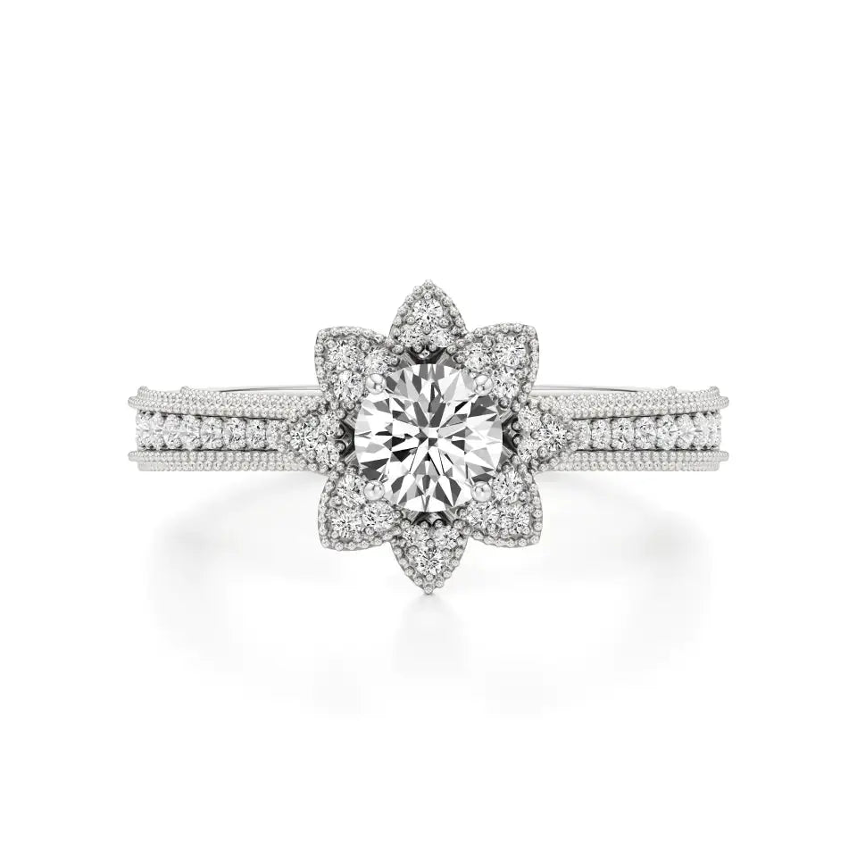 Flora | Round Solitaire with Halo Ring in Floral Design - Nivara