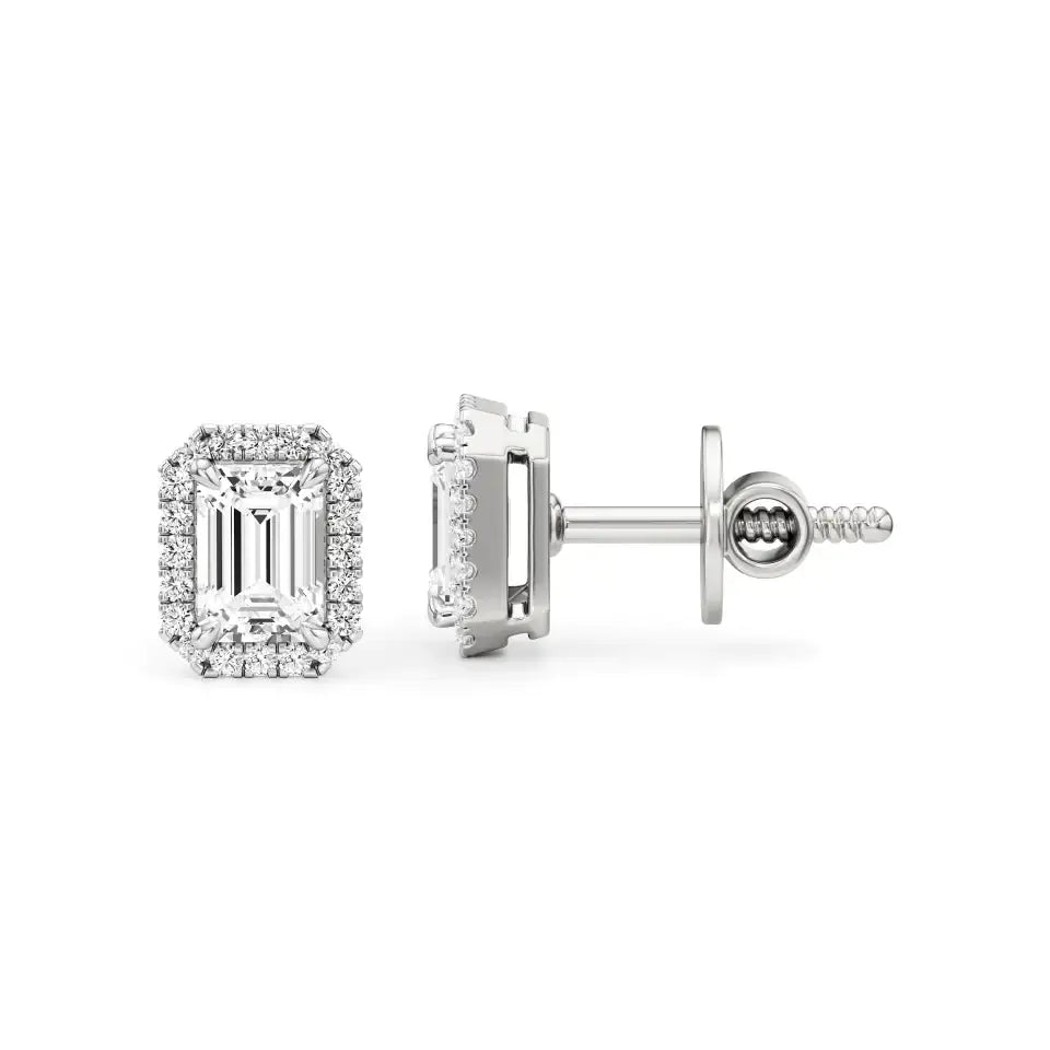 Mira | Emerald-cut Solitaire Lab-Grown Diamond with Halo Studs - Nivara
