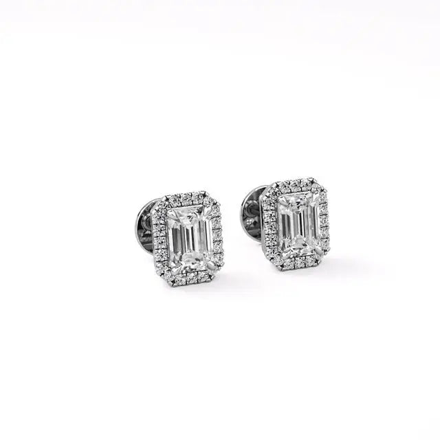 Mira | Emerald-cut Solitaire Lab-Grown Diamond with Halo Studs - Nivara