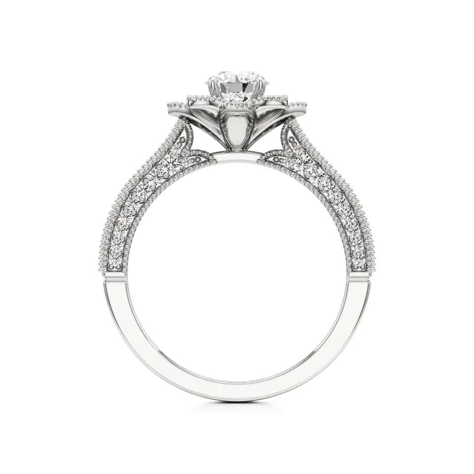 Flora | Round Solitaire with Halo Ring in Floral Design - Nivara