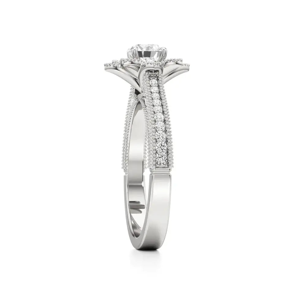 Flora | Round Solitaire with Halo Ring in Floral Design - Nivara