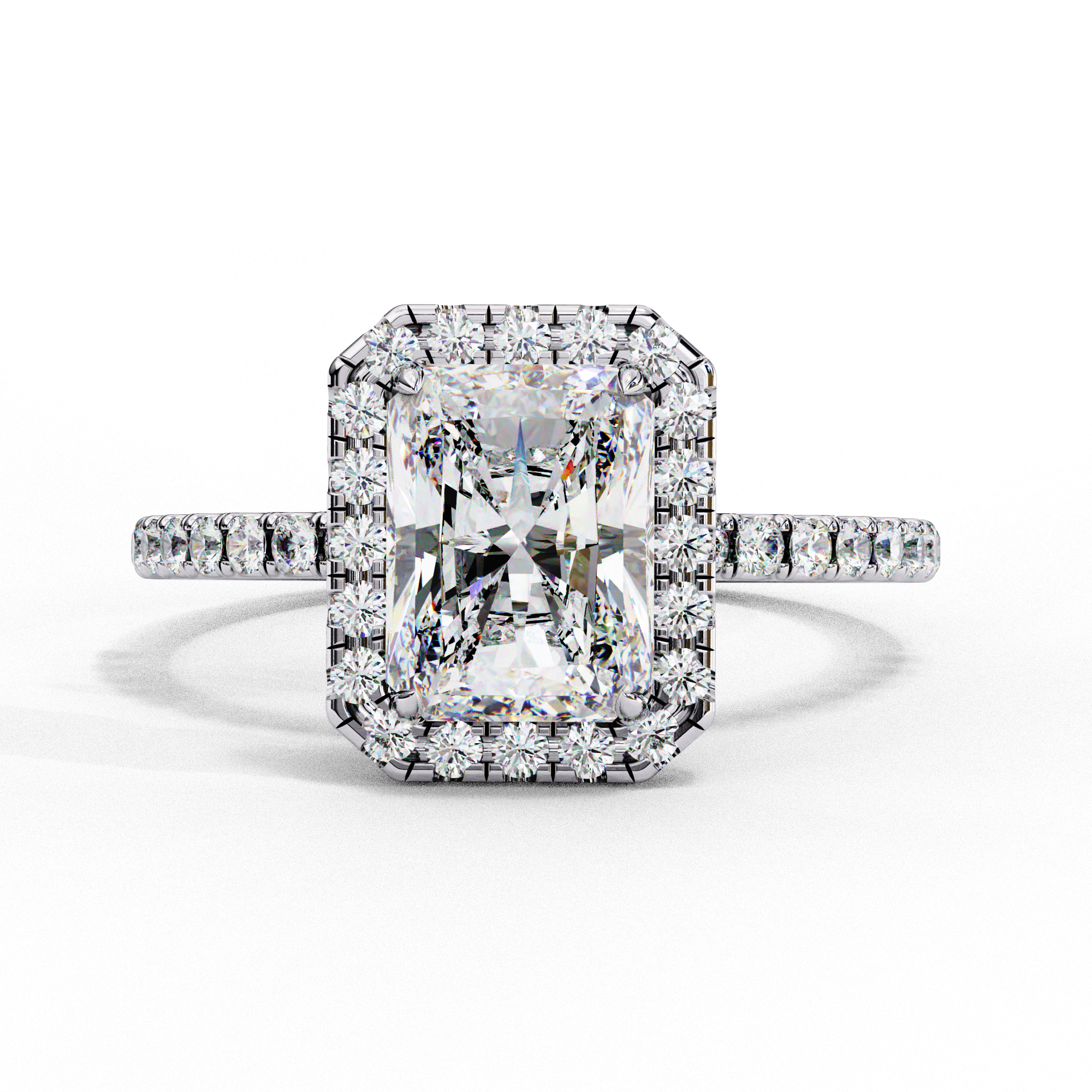 Mira Radiant-Cut Diamond Solitaire ring with Halo around it