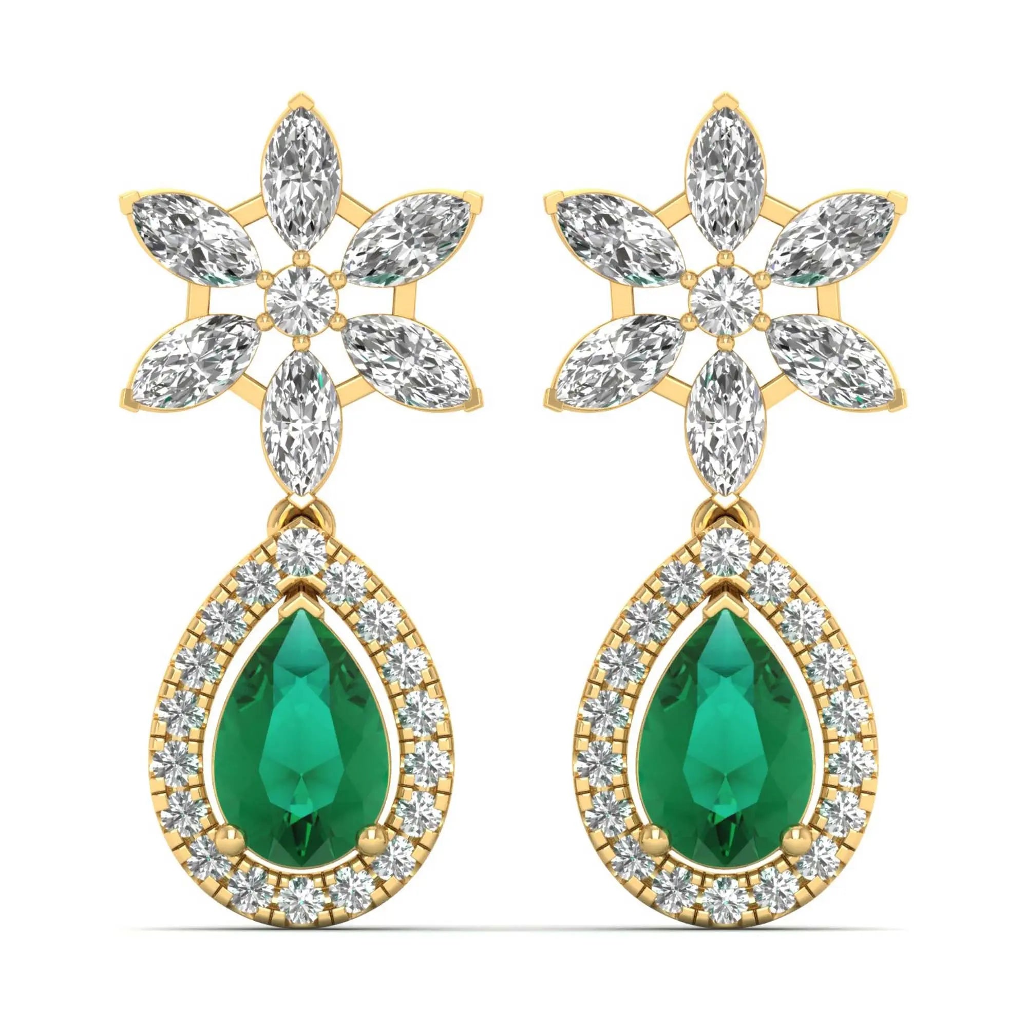 Flora | Round & Marquise Diamonds with Emerald Drop Earrings - Nivara