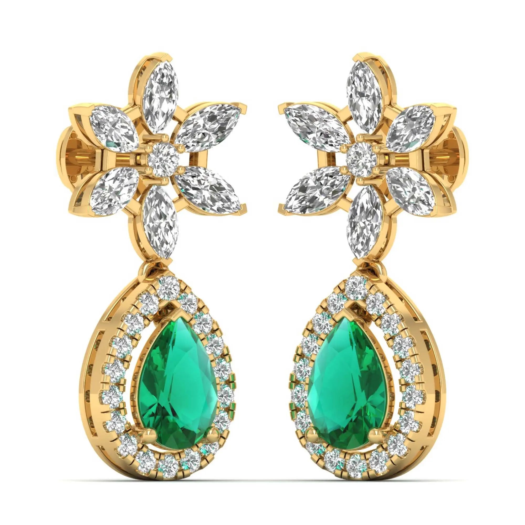 Flora | Round & Marquise Diamonds with Emerald Drop Earrings - Nivara