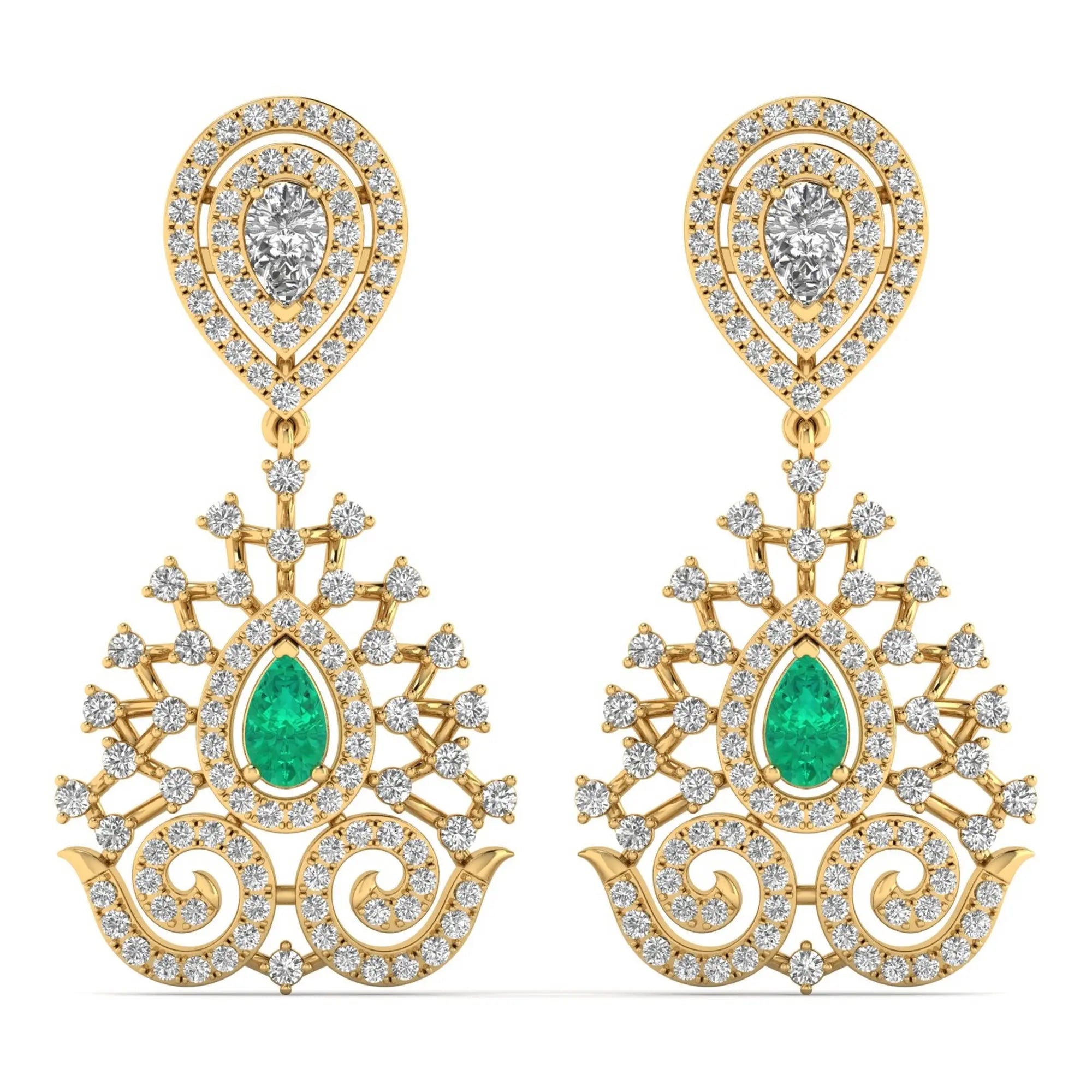 Celestia | Round & Pear Diamonds with Emerald Centerpiece Drop Earrings - Nivara