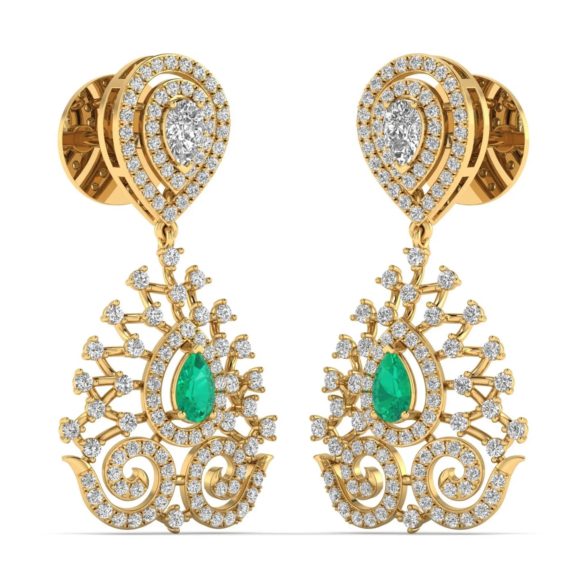 Celestia | Round & Pear Diamonds with Emerald Centerpiece Drop Earrings - Nivara