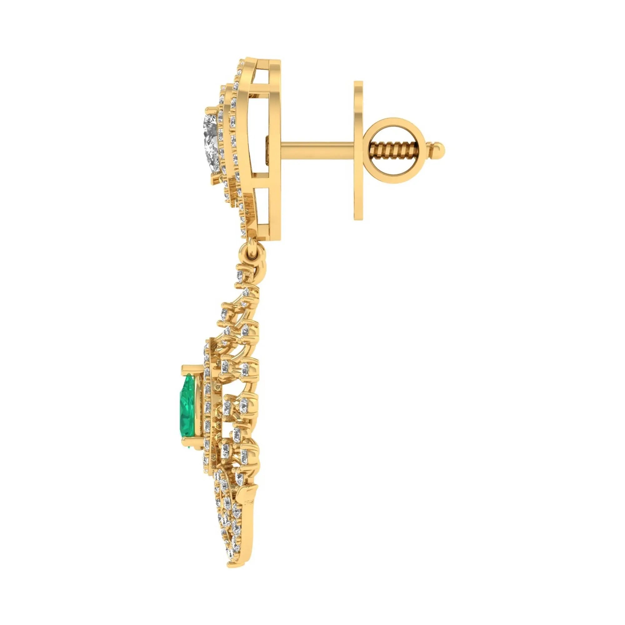Celestia | Round & Pear Diamonds with Emerald Centerpiece Drop Earrings - Nivara
